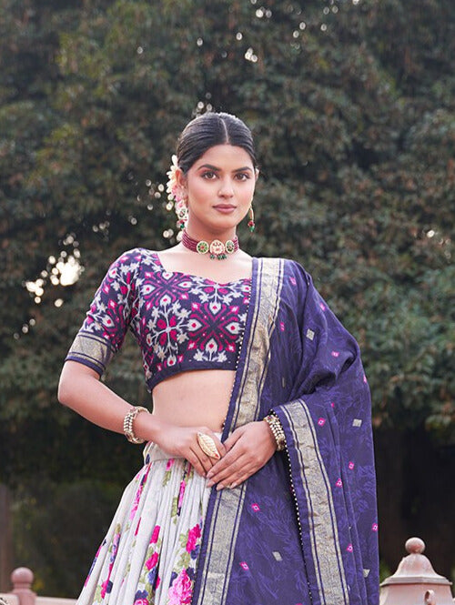 Traditional navy blue lehenga choli with tussar silk floral and patola print