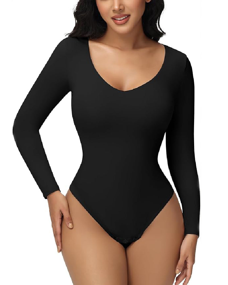 Shapshe® Women's Long Sleeve V Neck Seamless Bodysuits Tummy Control Thong Shapewear  - By Qivii