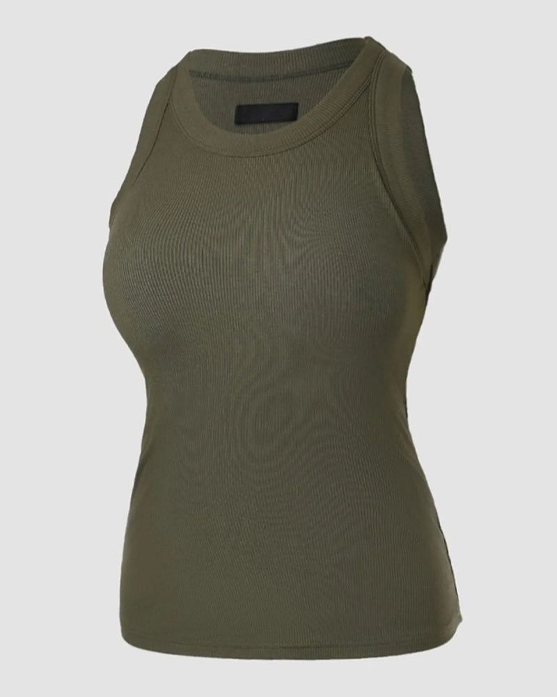 Round Neck Ribbed Tank Top Built In with Bra Padded  - By Qivii