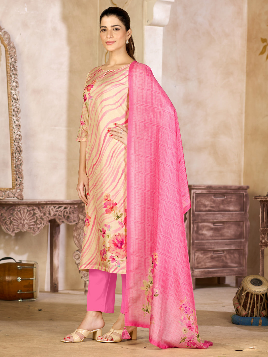 Beige Viscose Kurta Set with Contrast Floral and Stripe Printed Work, Paired with Cambric Cotton Bottom and a Matching Viscose Dupatta