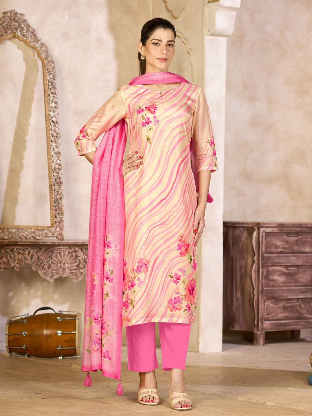 Beige Viscose Kurta Set with Contrast Floral and Stripe Printed Work, Paired with Cambric Cotton Bottom and a Matching Viscose Dupatta