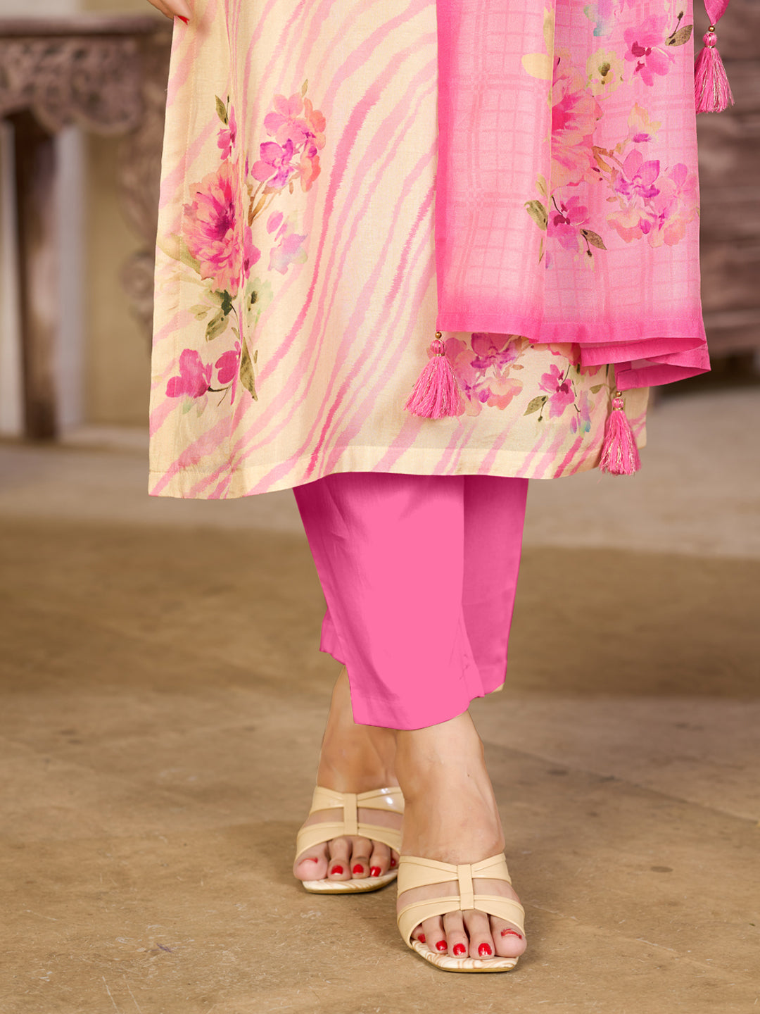 Beige Viscose Kurta Set with Contrast Floral and Stripe Printed Work, Paired with Cambric Cotton Bottom and a Matching Viscose Dupatta