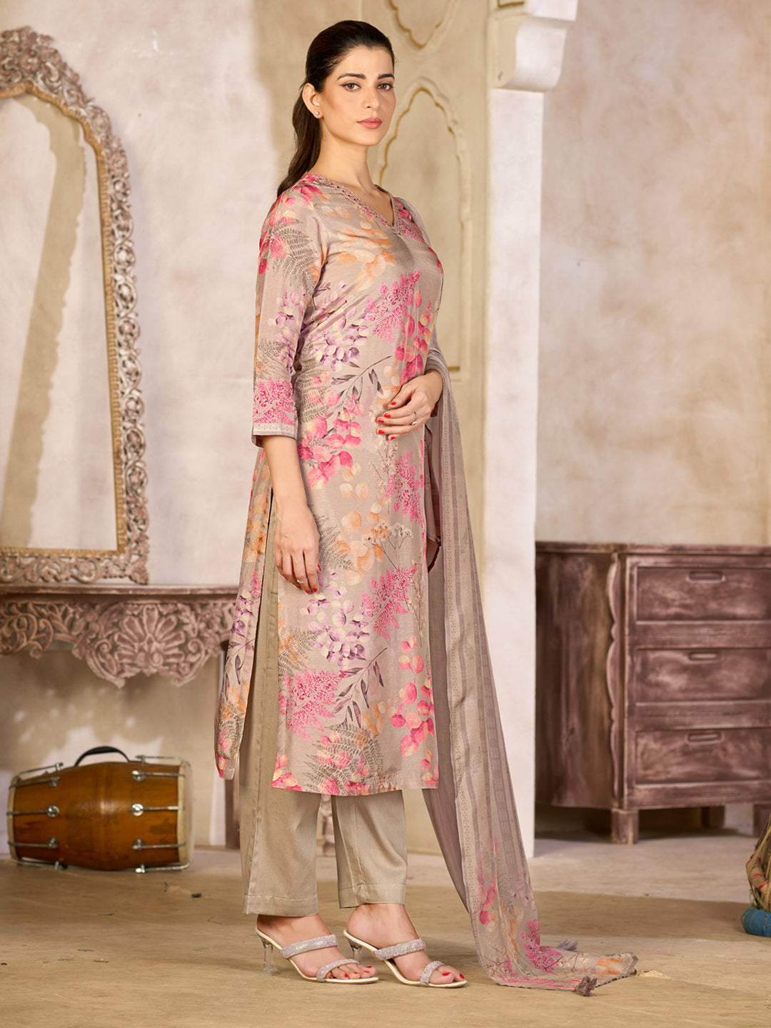 Beige Viscose Kurta Set with Pink Floral Print, Paired with Solid Bottom and Striped Printed Dupatta