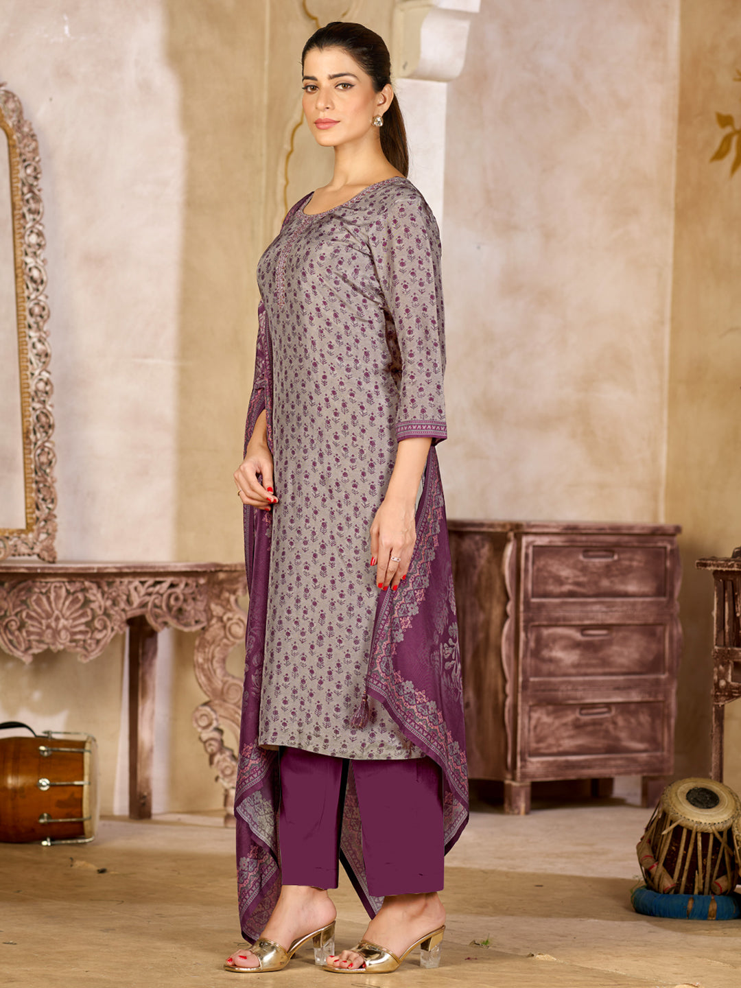 Grey Viscose Kurta Set with Contrast Print Work, Paired with Cambric Cotton Bottom and a Viscose Dupatta