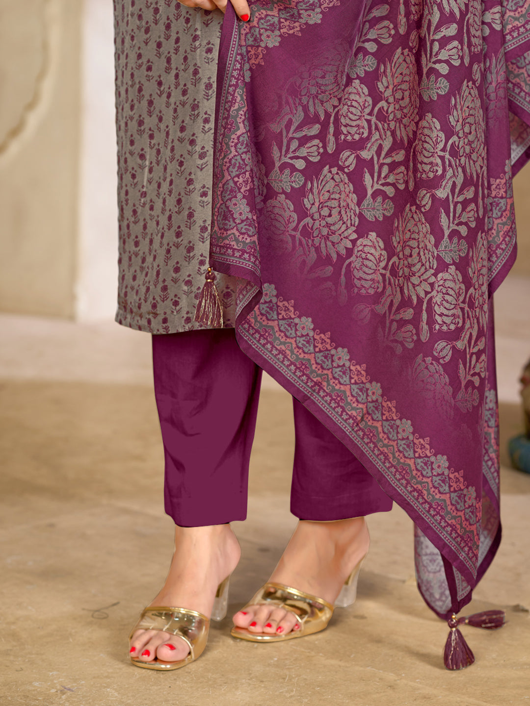 Grey Viscose Kurta Set with Contrast Print Work, Paired with Cambric Cotton Bottom and a Viscose Dupatta