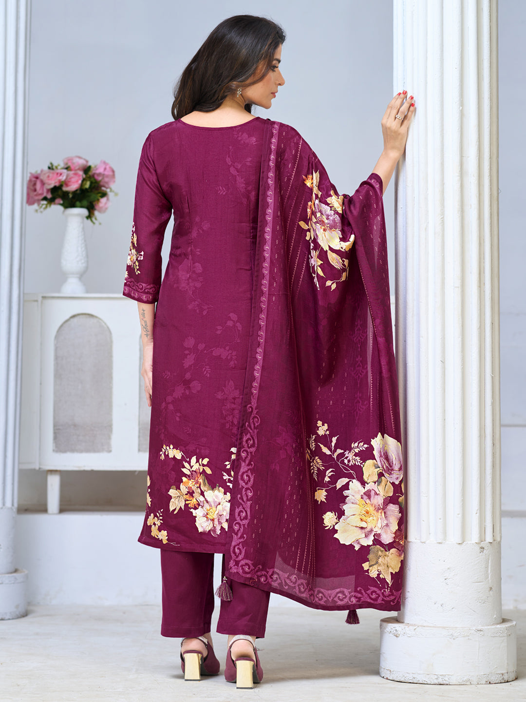 Purple Viscose Kurta Set with Digital Floral Print, Paired with Solid Bottom and Coordinated Dupatta