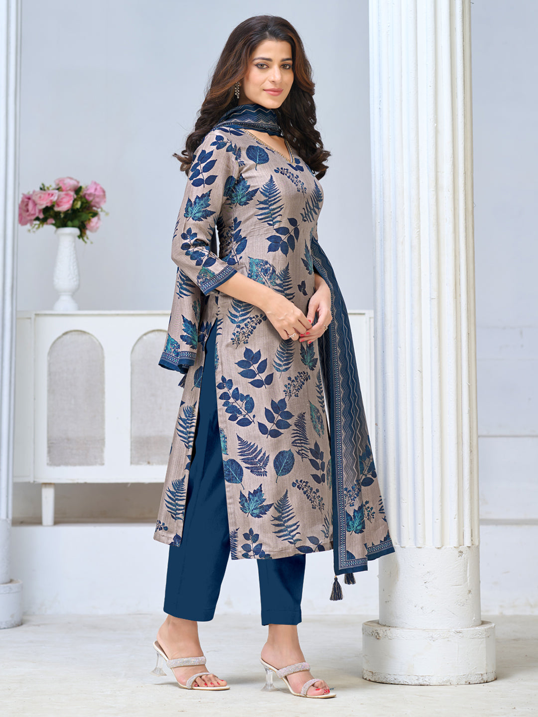 Beige Viscose Kurta Set with All Over Contrast Leaf Printed Work, Paired with Cambric Cotton Bottom and a Matching Viscose Dupatta