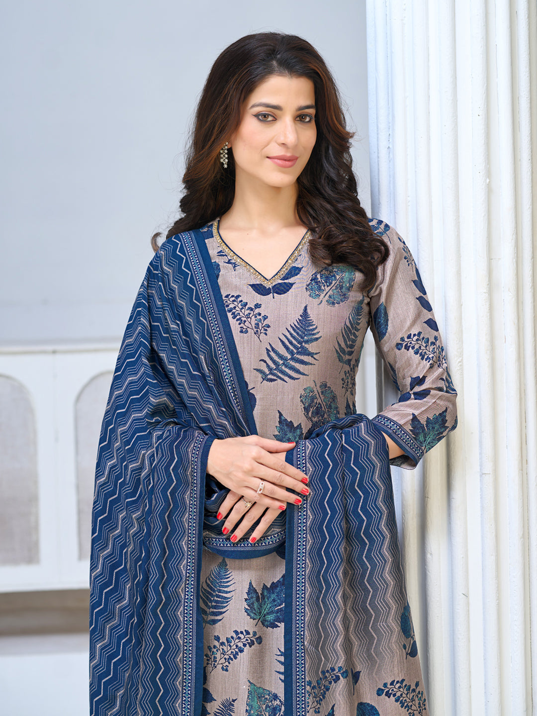 Beige Viscose Kurta Set with All Over Contrast Leaf Printed Work, Paired with Cambric Cotton Bottom and a Matching Viscose Dupatta