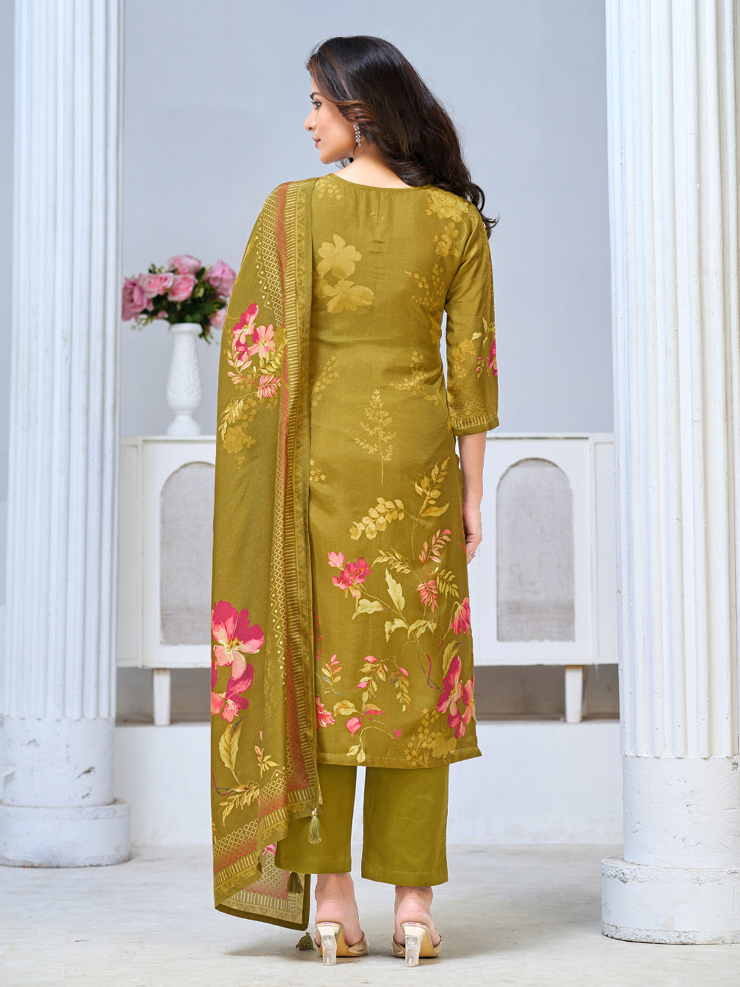 Olive Green Viscose Kurta Set with Elegant Floral Printed Work, Paired with Cambric Cotton Bottom and a Matching Viscose Dupatta