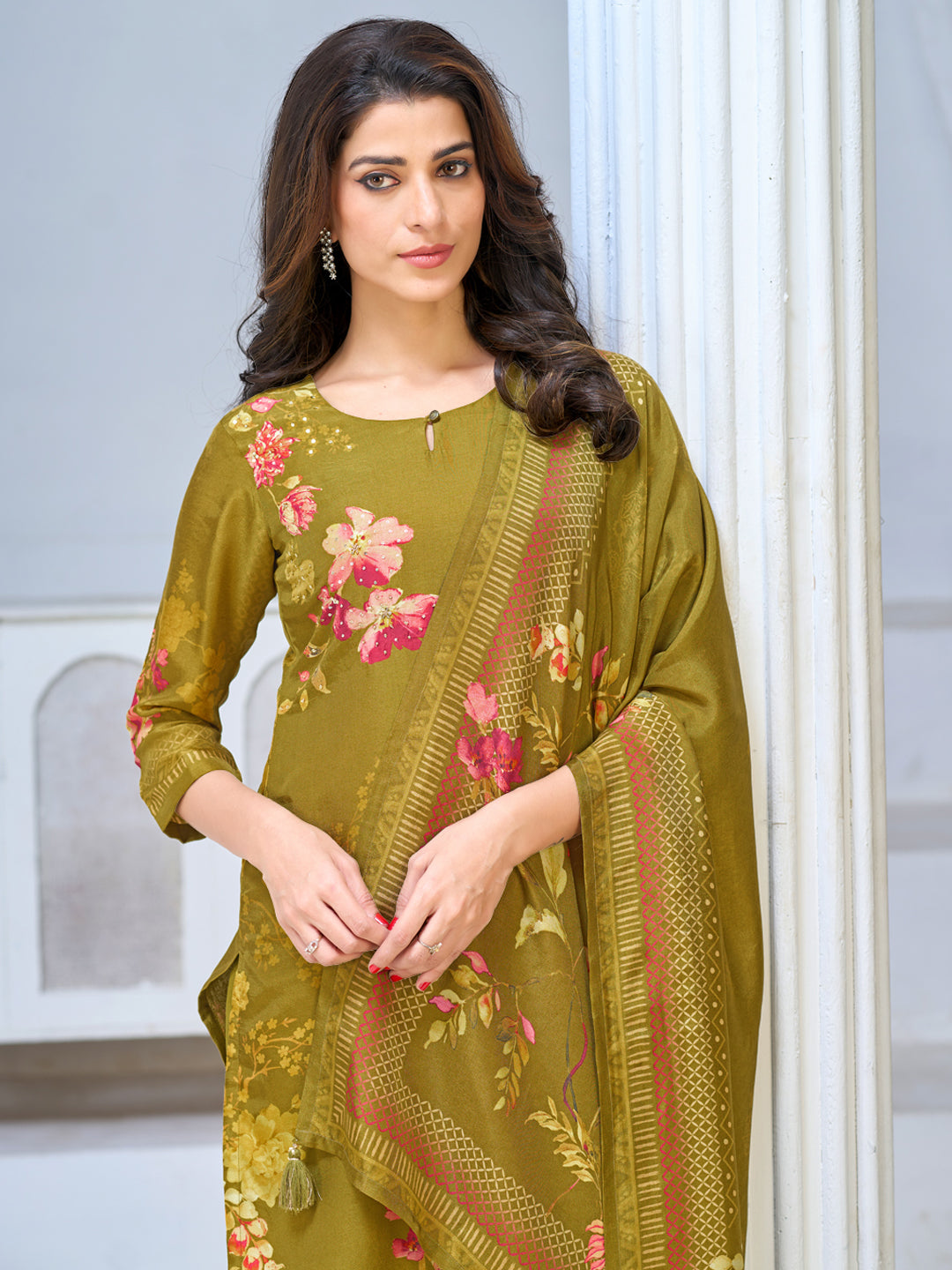 Olive Green Viscose Kurta Set with Elegant Floral Printed Work, Paired with Cambric Cotton Bottom and a Matching Viscose Dupatta