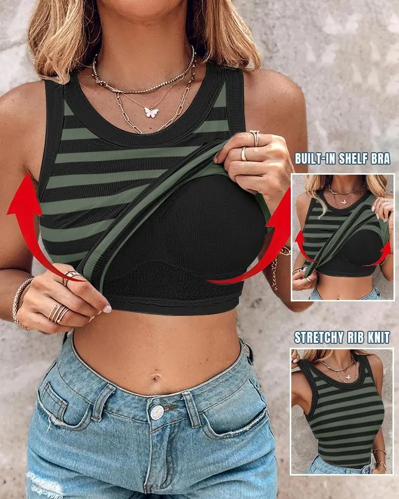 Round Neck Ribbed Tank Top Built In with Bra Padded  - By Qivii