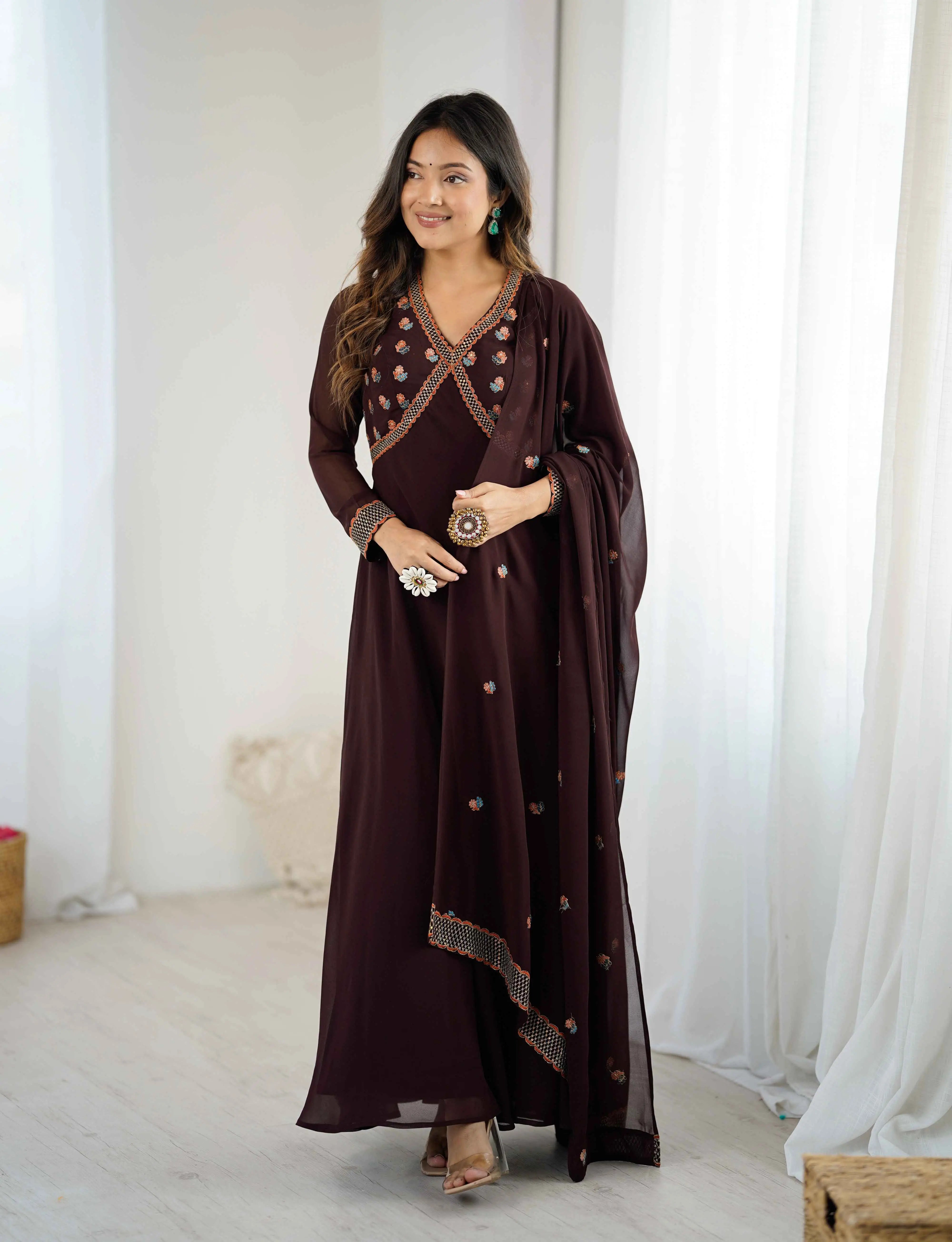 Trendy Brown Embroidery Work Gown With Dupatta - qivii