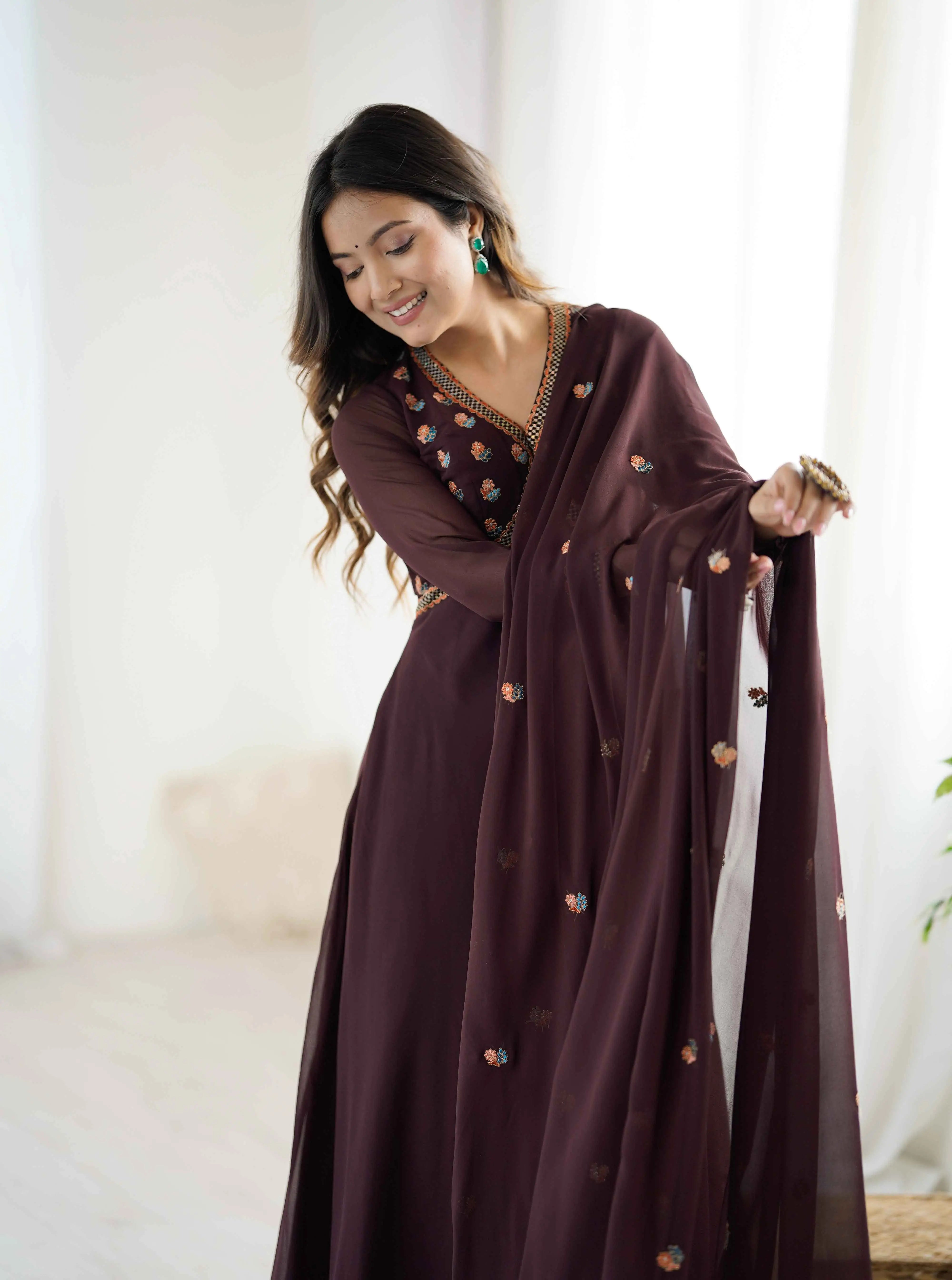 Trendy Brown Embroidery Work Gown With Dupatta - qivii