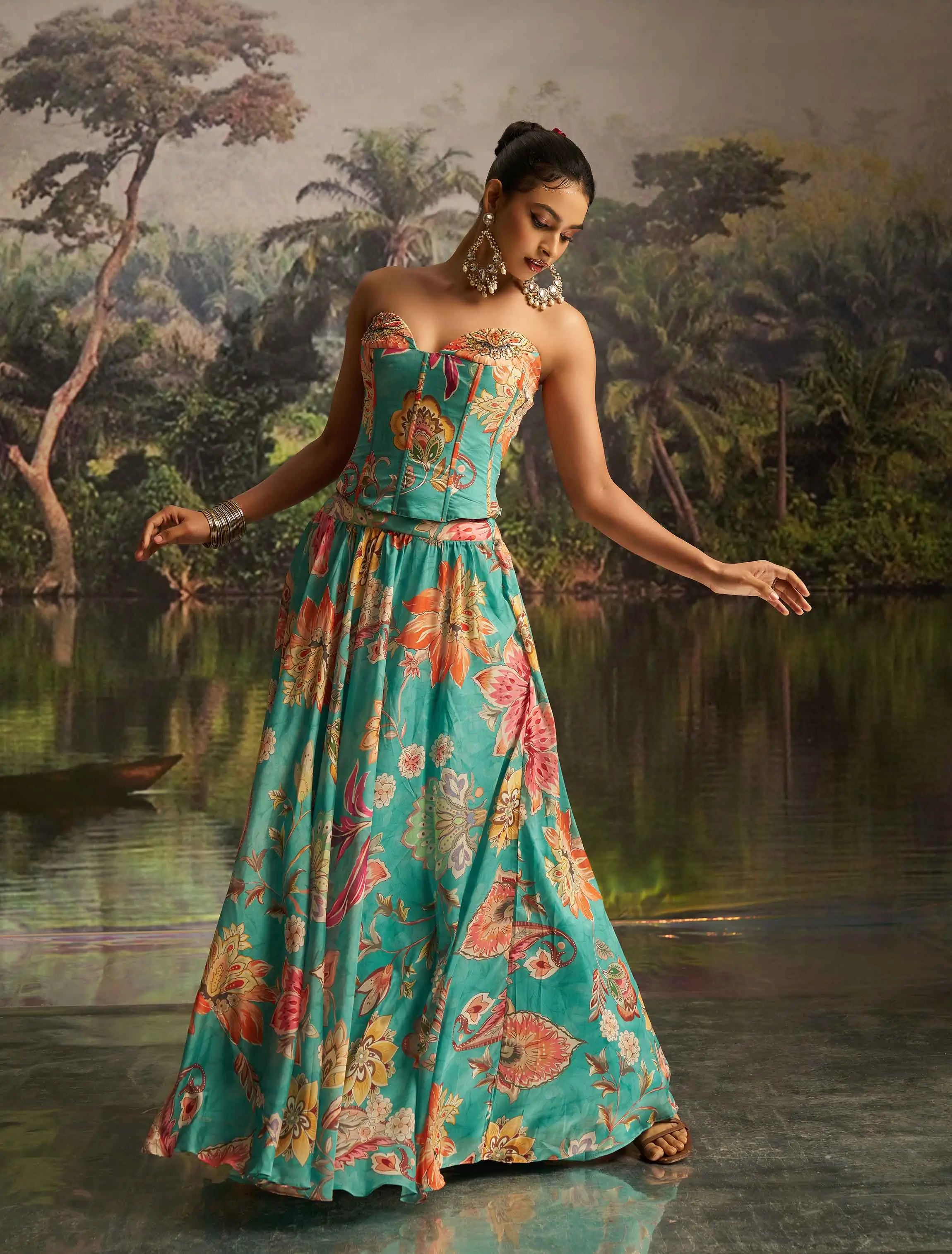 Mint Blue Floral print With Handwork Indo Western - qivii