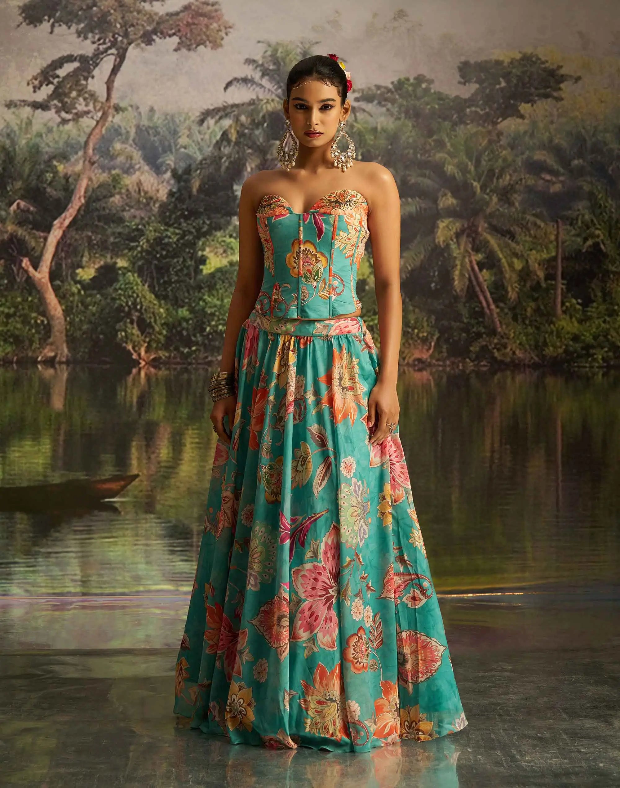 Mint Blue Floral print With Handwork Indo Western - qivii