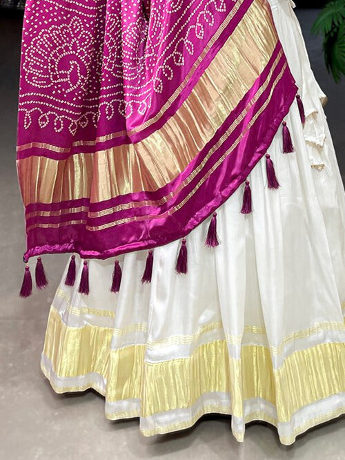 Gaji Silk Dyeing With Lagdi Patta Lehenga Choli In White Color