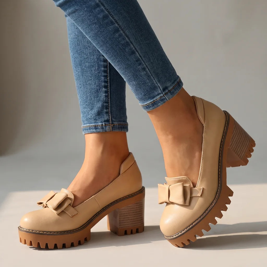 Beige Adeline women's orthopedic bow platform shoes by Hudson Ridge, featuring stylish heels and supportive design for comfortable wear.