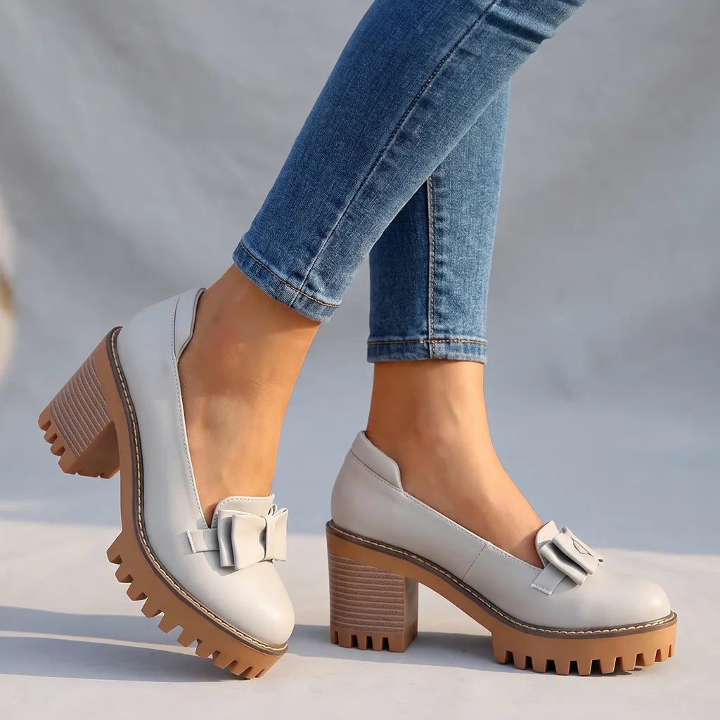 Gray Adeline women's orthopedic bow platform shoes by Hudson Ridge, featuring stylish heels and comfortable design for women.