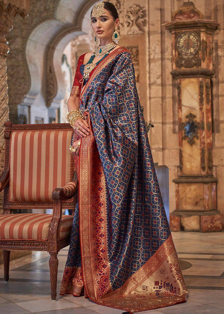 Admiral Blue Banarasi Jacquard Silk Saree with Swarvoski work | Stitched Blouse - qivii