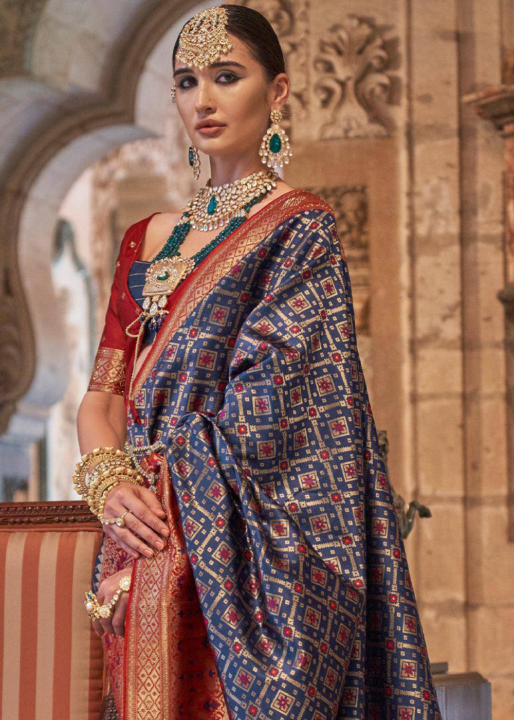 Admiral Blue Banarasi Jacquard Silk Saree with Swarvoski work | Stitched Blouse - qivii