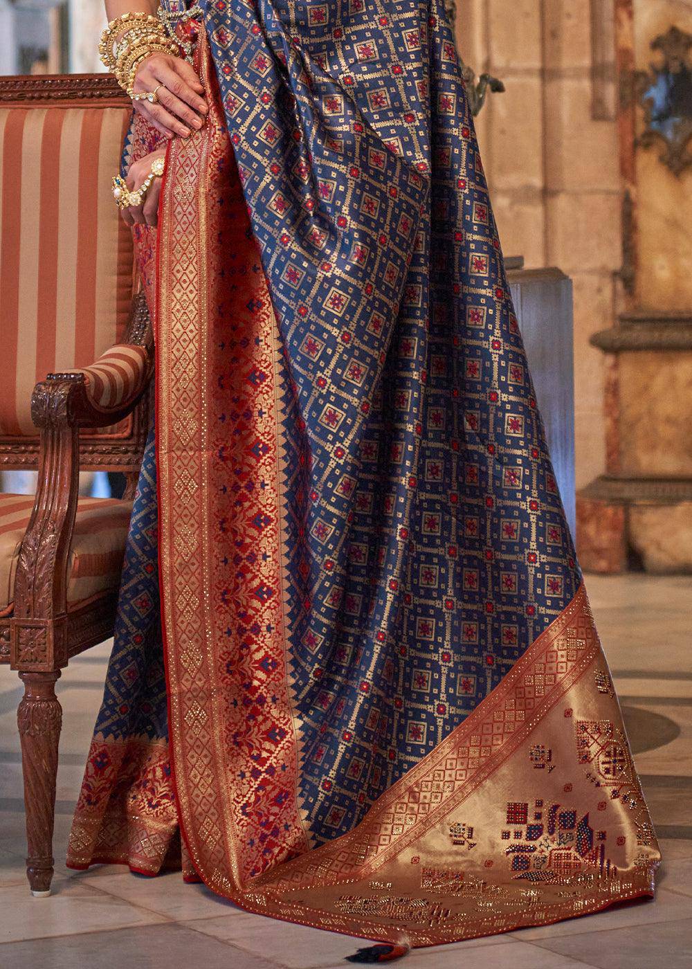 Admiral Blue Banarasi Jacquard Silk Saree with Swarvoski work | Stitched Blouse - qivii