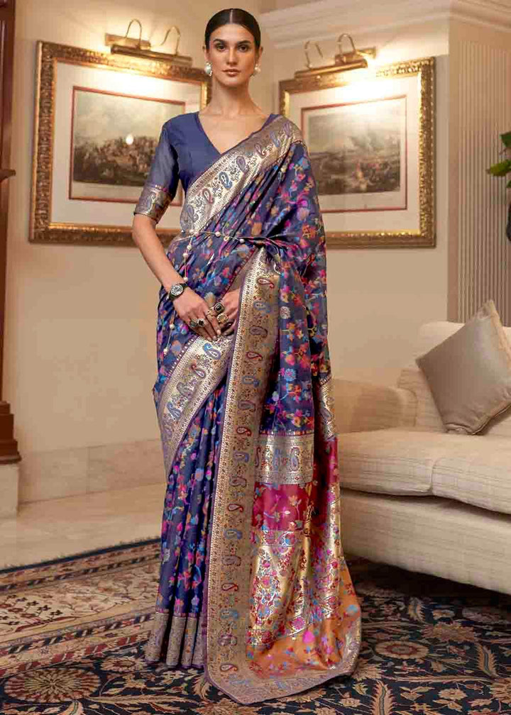 Admiral Blue Banarasi Jamawar Woven Silk Saree | Stitched Blouse - qivii