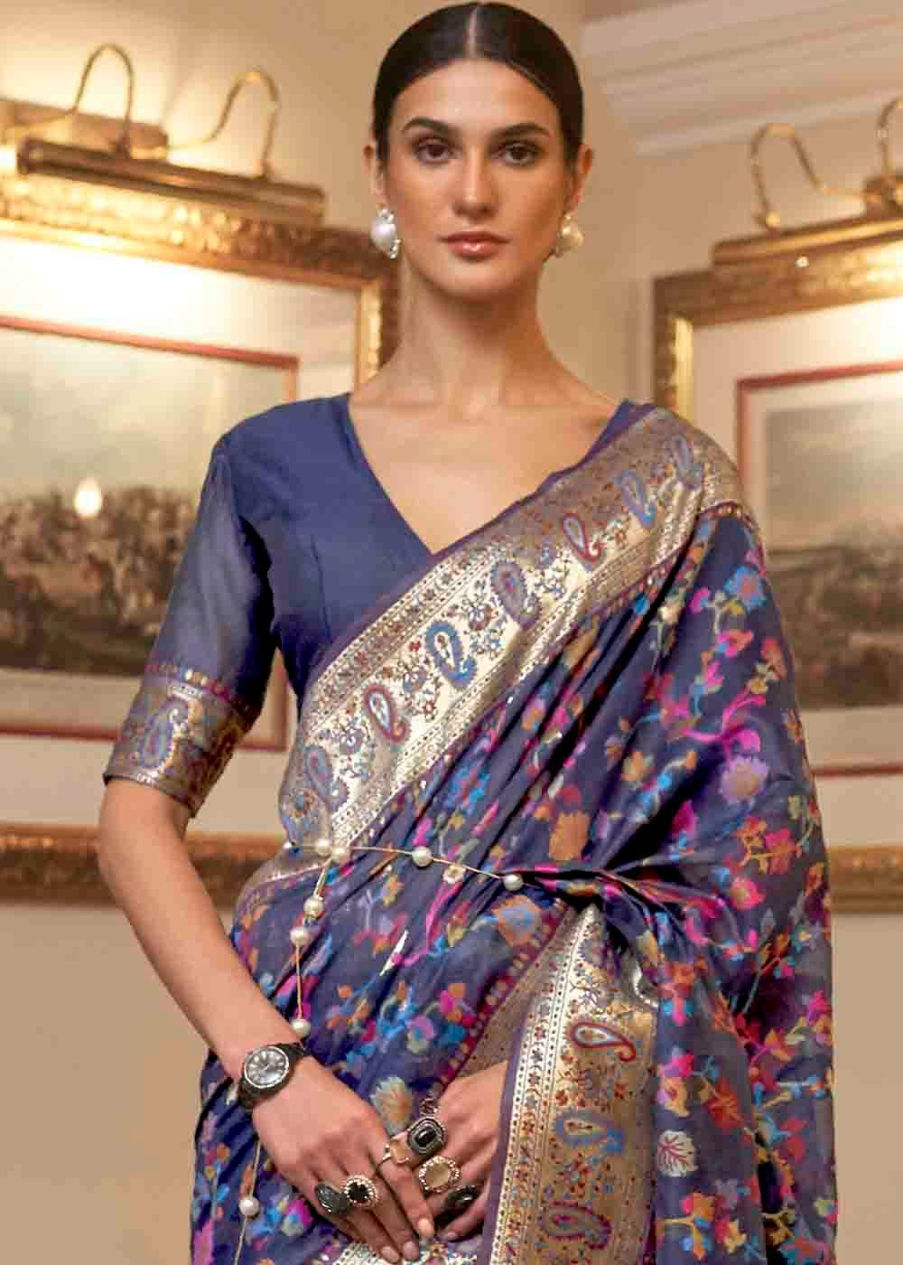 Admiral Blue Banarasi Jamawar Woven Silk Saree | Stitched Blouse - qivii