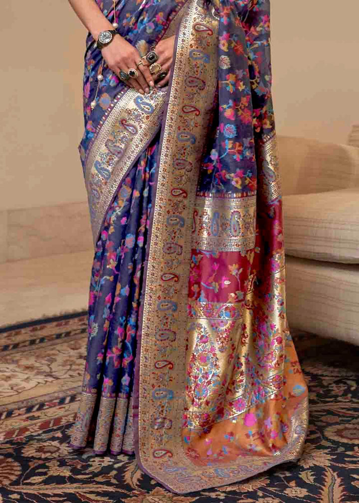 Admiral Blue Banarasi Jamawar Woven Silk Saree | Stitched Blouse - qivii