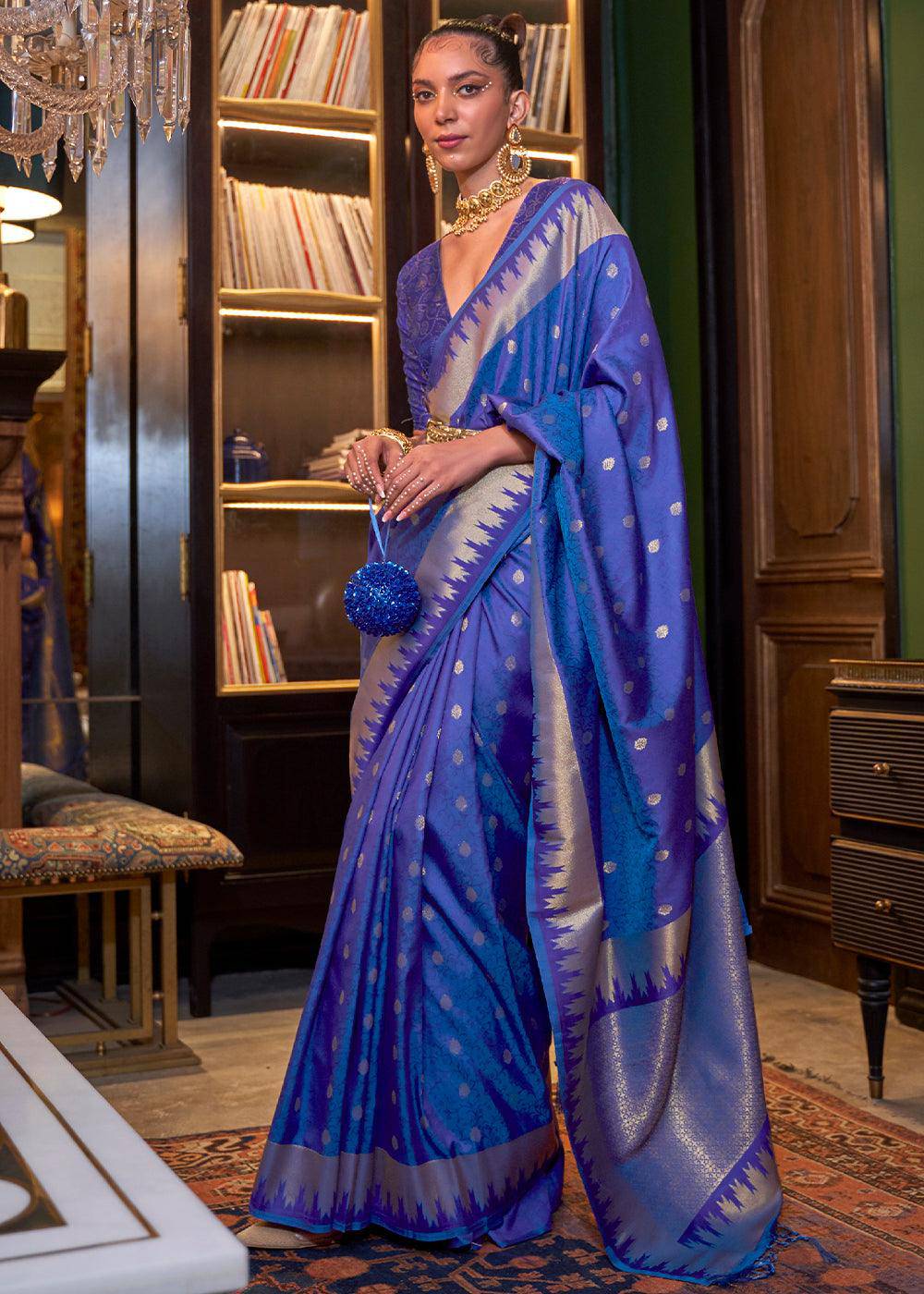 Admiral Blue Blue Handloom Woven Banarasi Silk Saree | Stitched Blouse - qivii