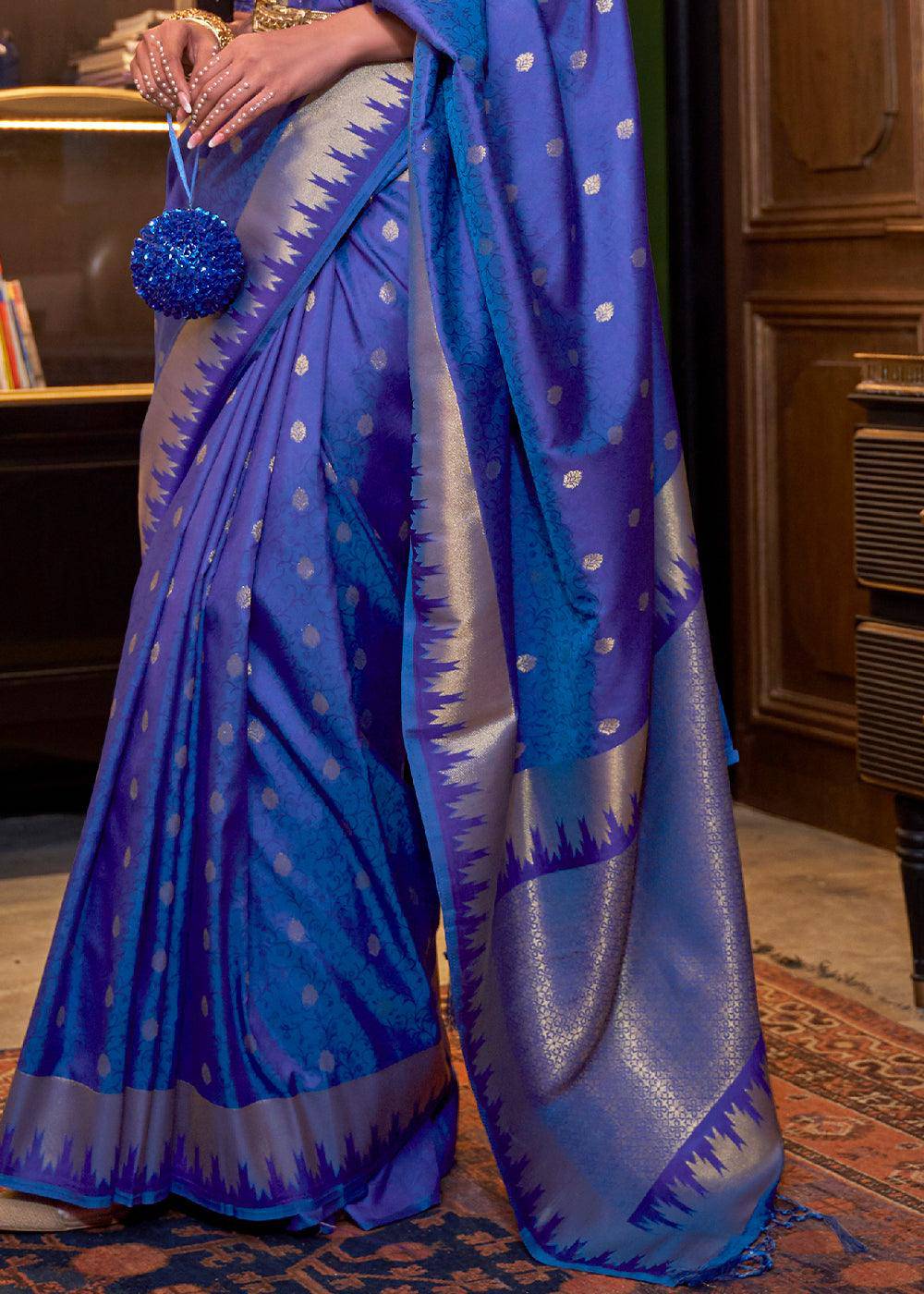 Admiral Blue Blue Handloom Woven Banarasi Silk Saree | Stitched Blouse - qivii