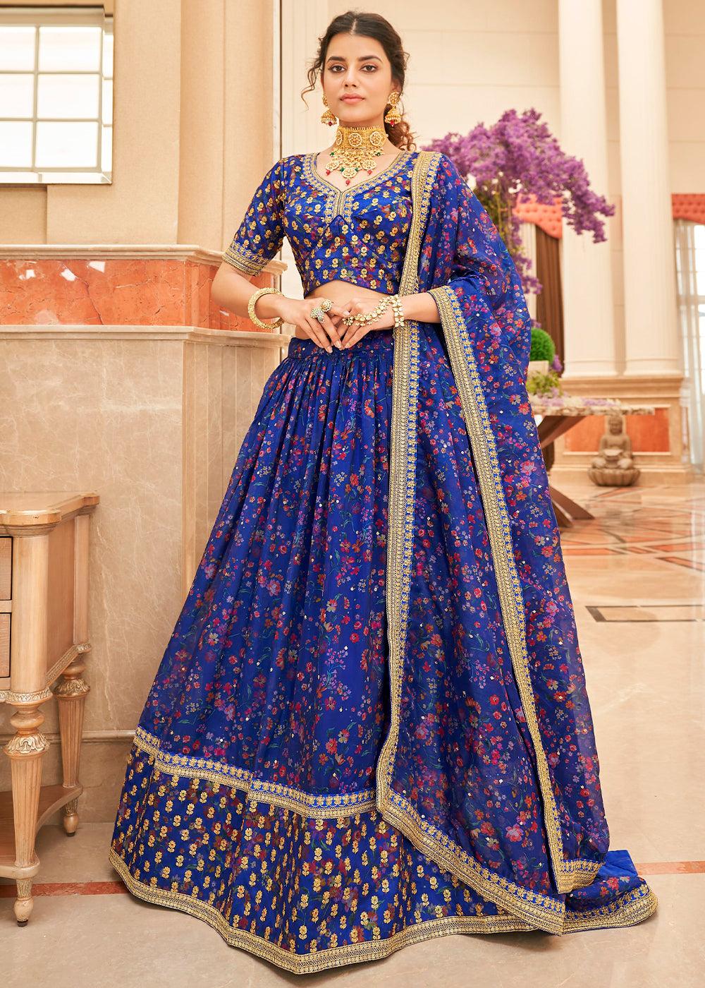 Admiral Blue Organza Lehenga with Thread, Zari,Dori & Sequins work - qivii