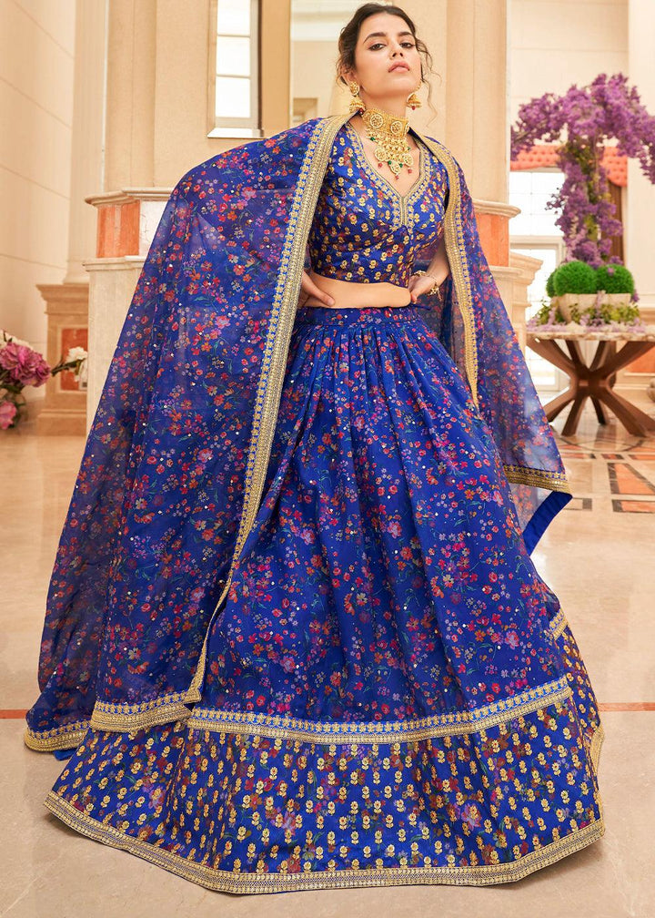 Admiral Blue Organza Lehenga with Thread, Zari,Dori & Sequins work - qivii