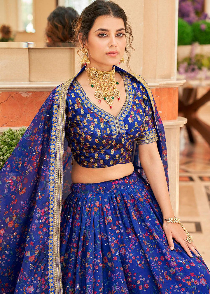 Admiral Blue Organza Lehenga with Thread, Zari,Dori & Sequins work - qivii