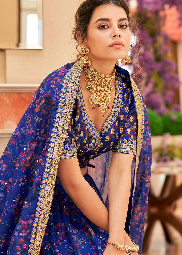 Admiral Blue Organza Lehenga with Thread, Zari,Dori & Sequins work - qivii