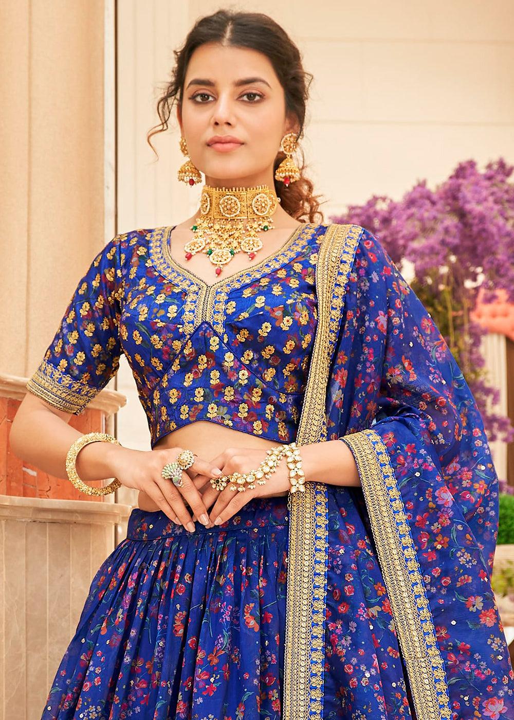 Admiral Blue Organza Lehenga with Thread, Zari,Dori & Sequins work - qivii