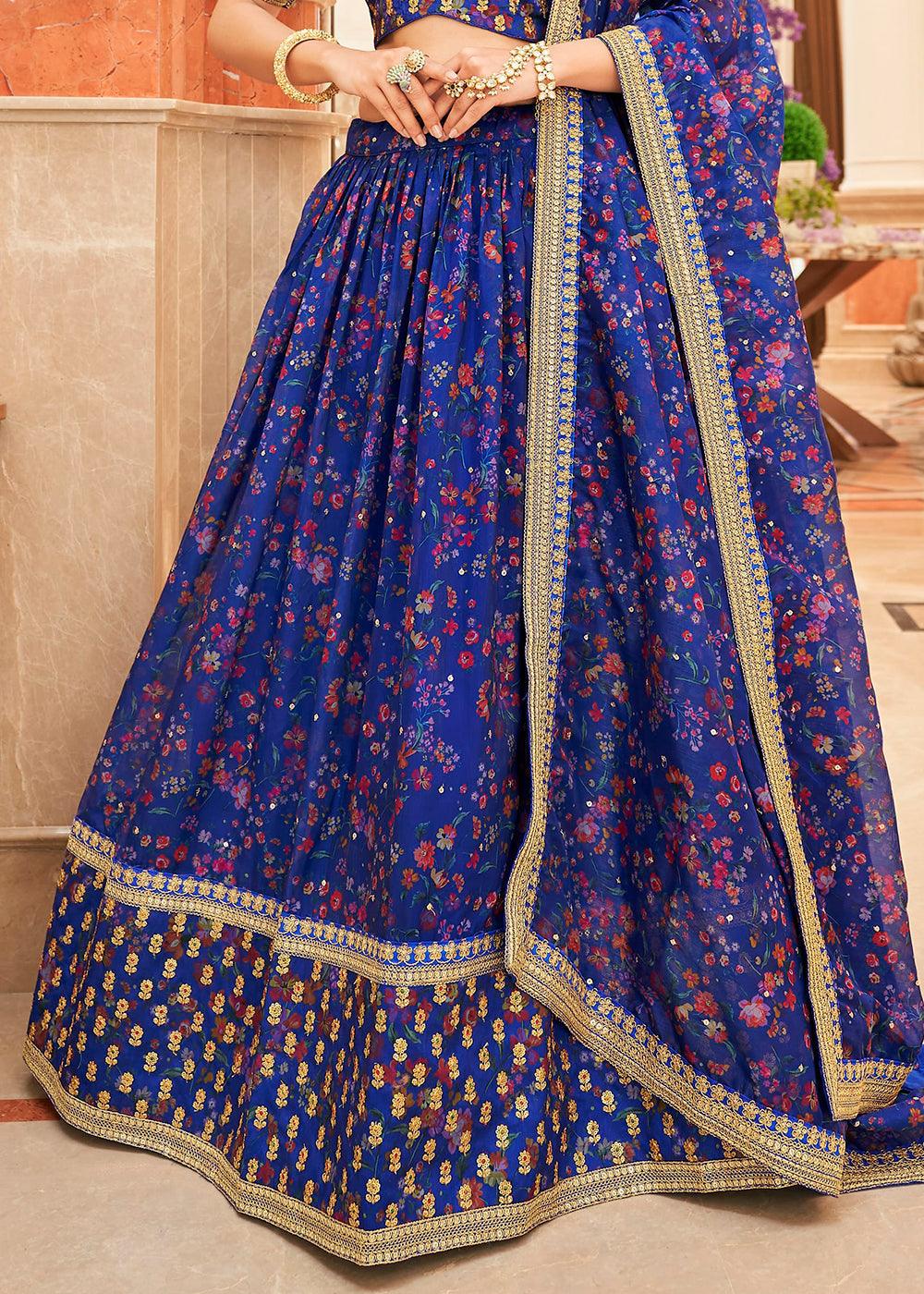 Admiral Blue Organza Lehenga with Thread, Zari,Dori & Sequins work - qivii