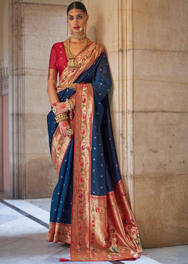 Admiral Blue Paithani Silk Saree | Stitched Blouse - qivii