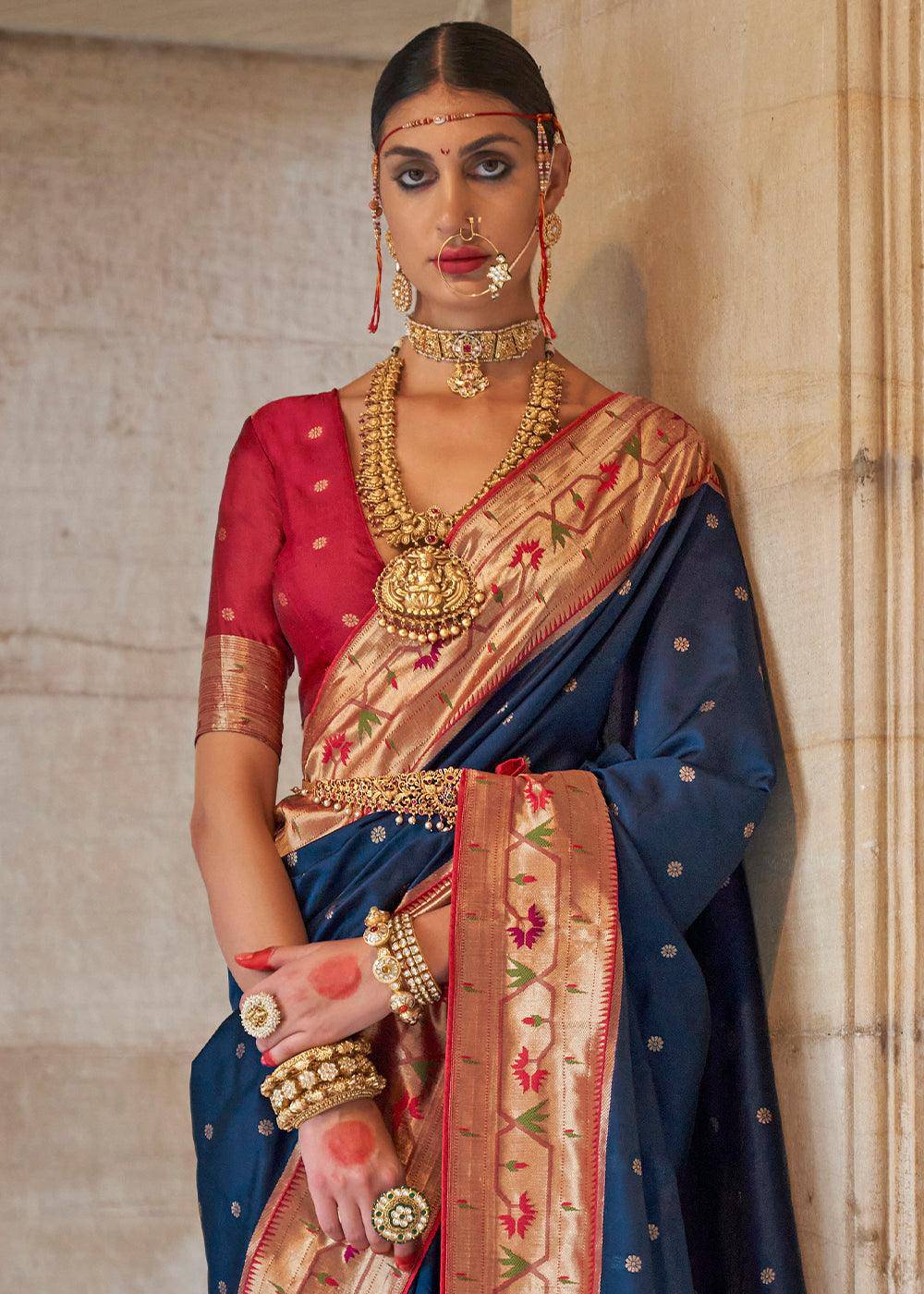 Admiral Blue Paithani Silk Saree | Stitched Blouse - qivii