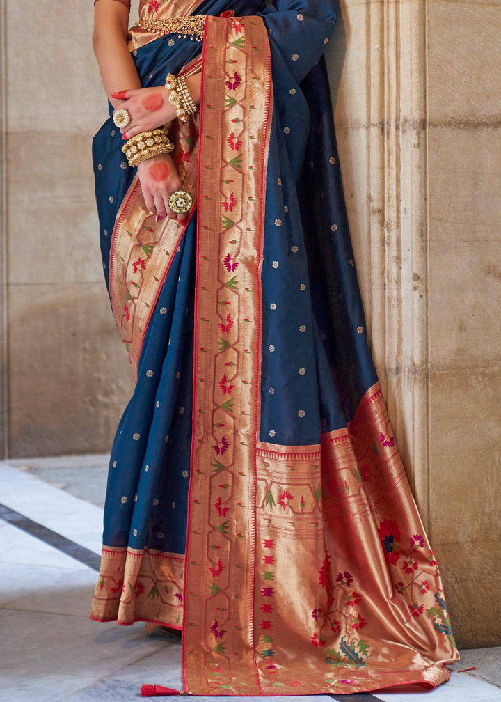 Admiral Blue Paithani Silk Saree | Stitched Blouse - qivii