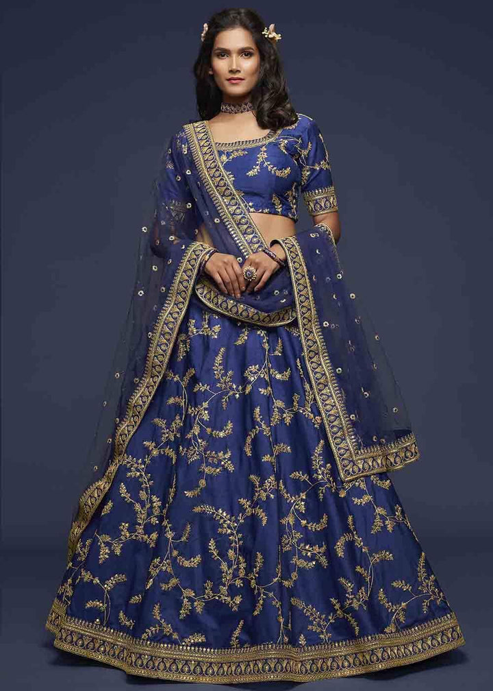 Admiral Blue Silk Lehenga Choli with Thread,Zari,Dori & Sequins work - qivii