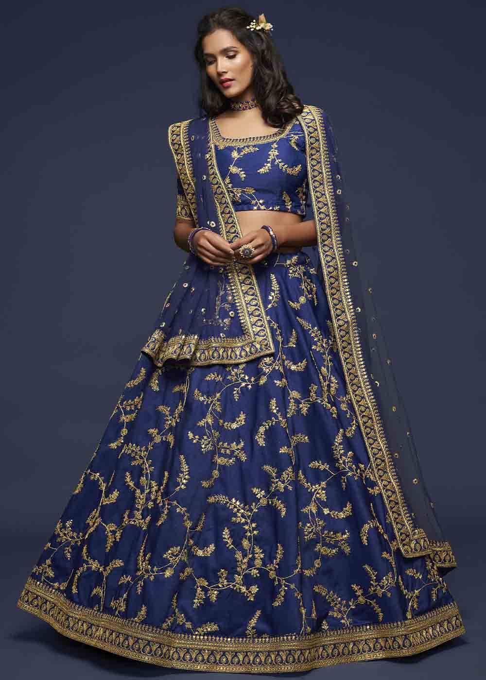 Admiral Blue Silk Lehenga Choli with Thread,Zari,Dori & Sequins work - qivii