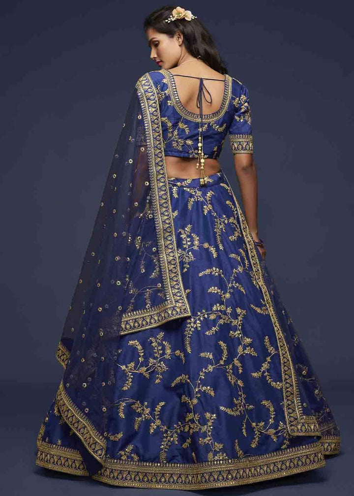 Admiral Blue Silk Lehenga Choli with Thread,Zari,Dori & Sequins work - qivii