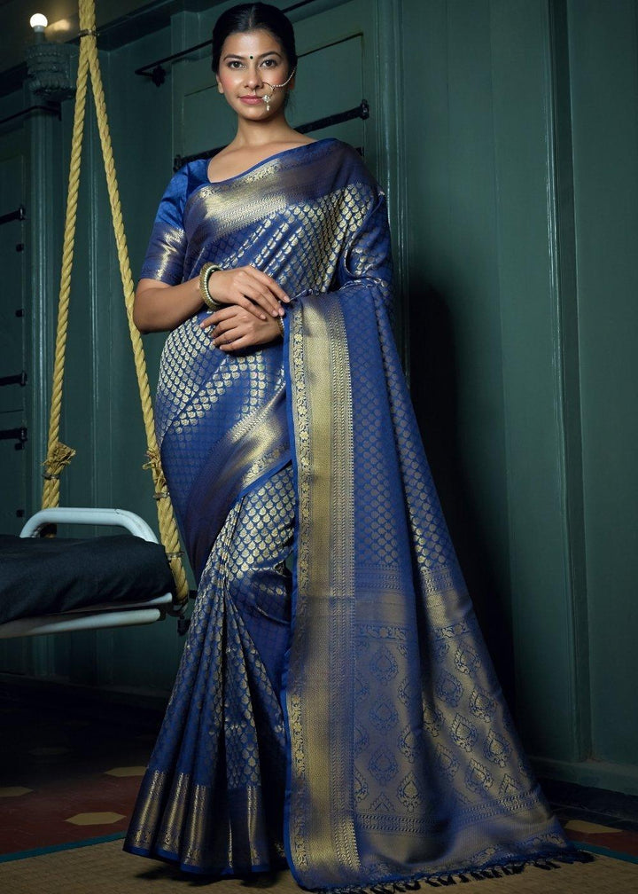 Admiral Blue Woven Kanjivaram Silk Saree | Stitched Blouse - qivii