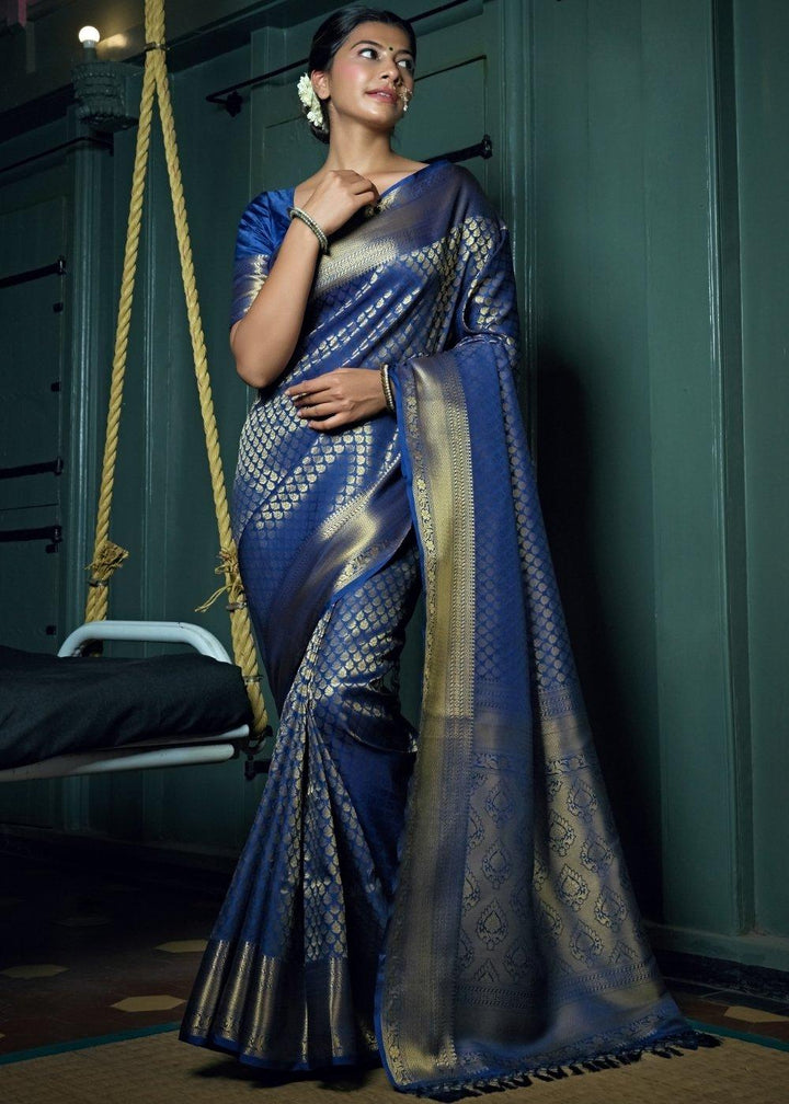 Admiral Blue Woven Kanjivaram Silk Saree | Stitched Blouse - qivii