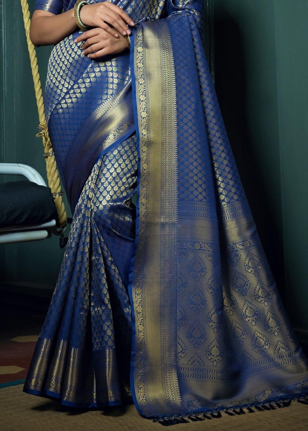 Admiral Blue Woven Kanjivaram Silk Saree | Stitched Blouse - qivii