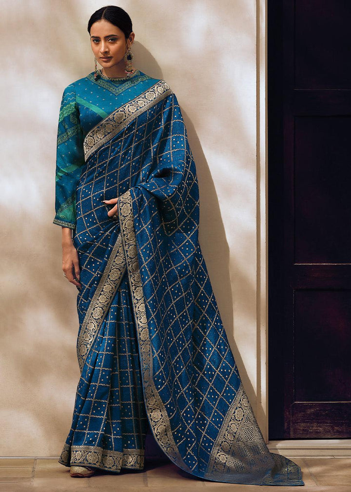 Admiral Blue Woven Viscose Leheriya Silk Saree - qivii