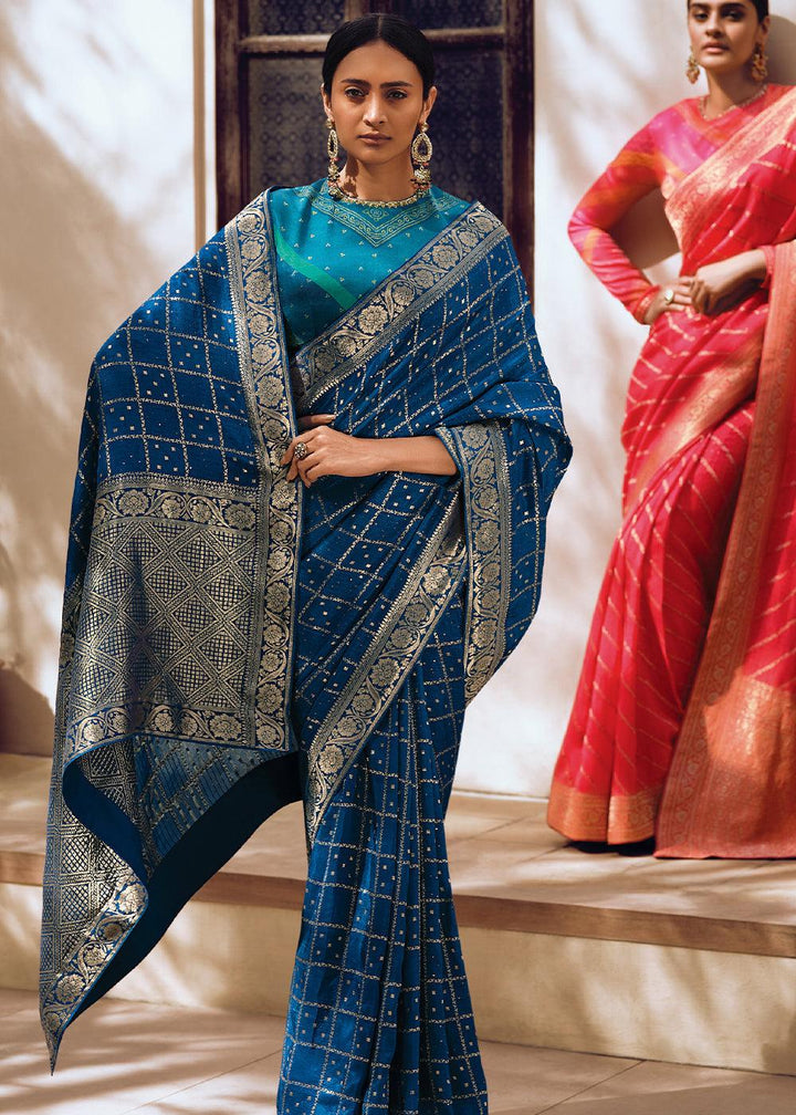 Admiral Blue Woven Viscose Leheriya Silk Saree - qivii