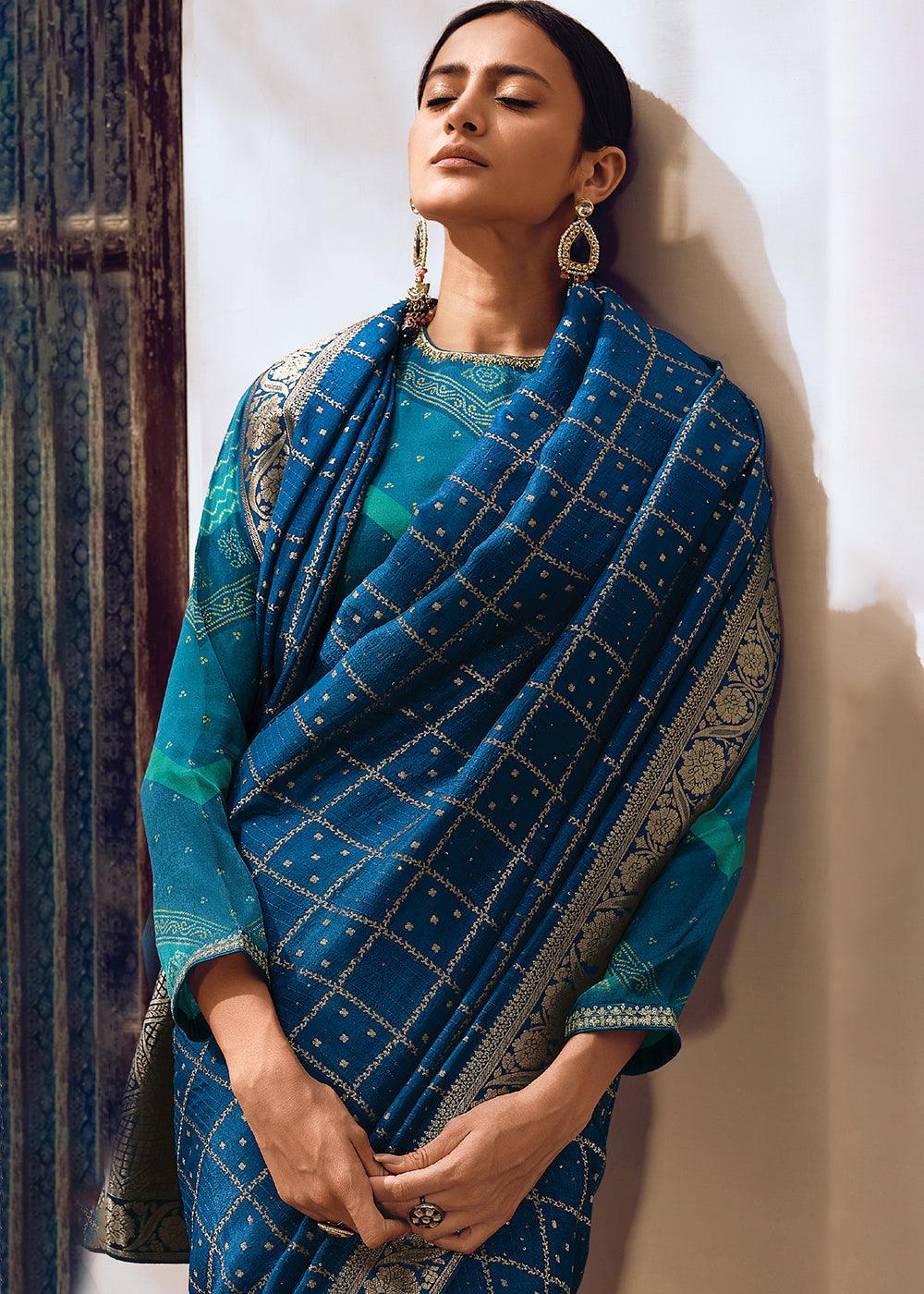 Admiral Blue Woven Viscose Leheriya Silk Saree - qivii