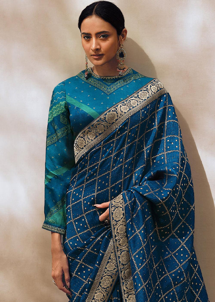 Admiral Blue Woven Viscose Leheriya Silk Saree - qivii