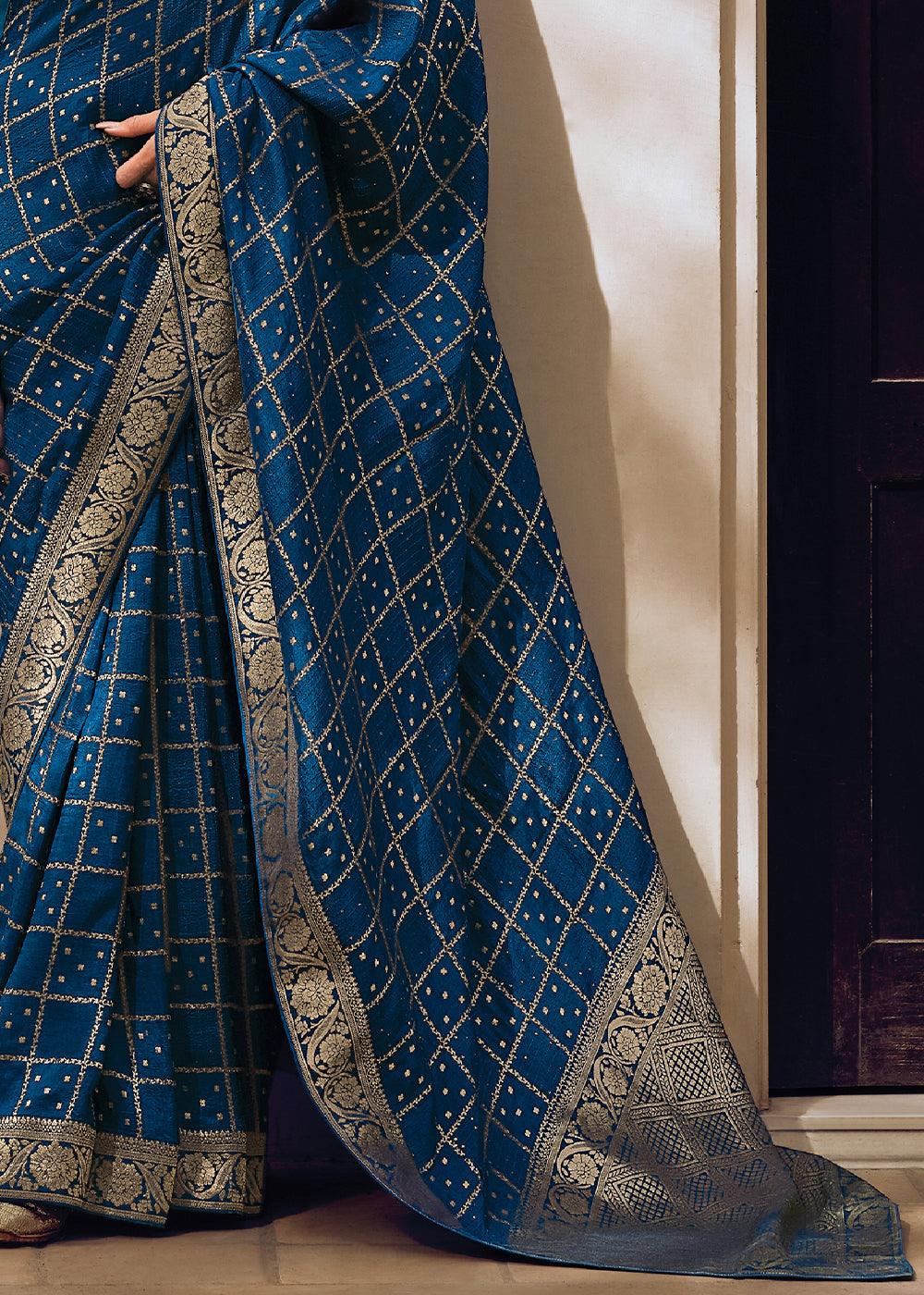 Admiral Blue Woven Viscose Leheriya Silk Saree - qivii